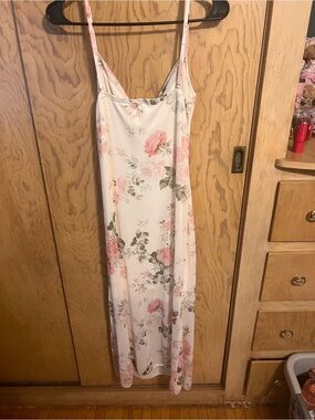 SHEIN Cream Midi Slip Dress with Pink Floral Print